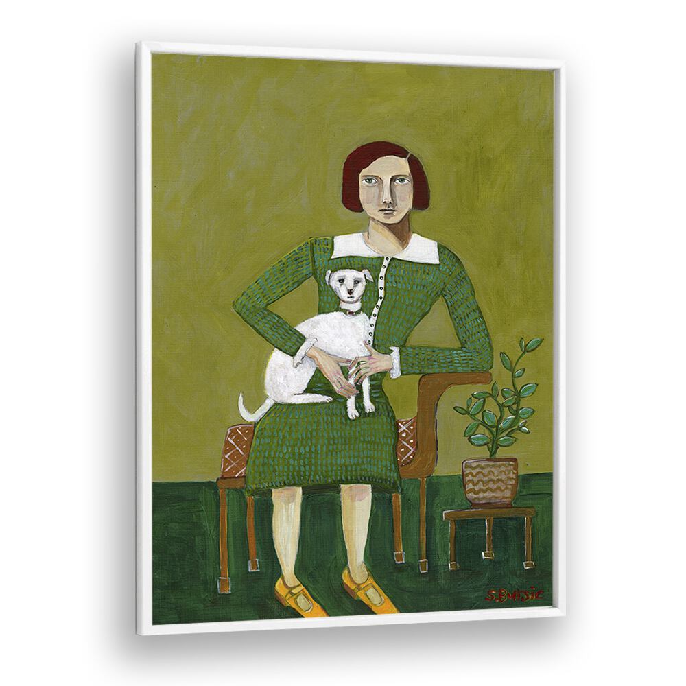 vintage lady with her white dog women illustration paintings in White Plain Frame