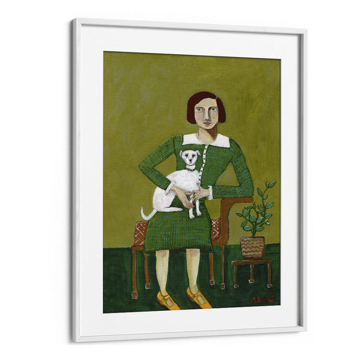 vintage lady with her white dogwomen illustration paintings in White Frame With Mount