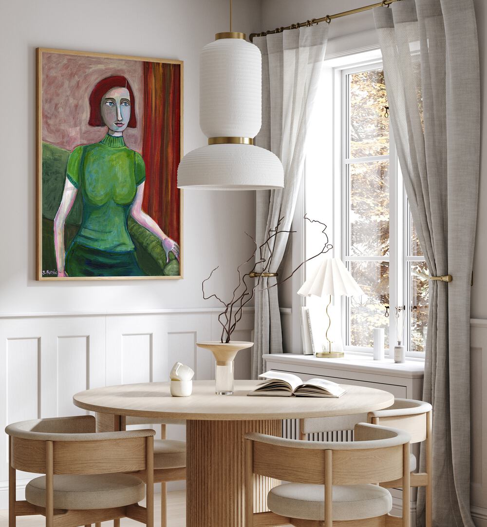 Captivating VINTAGE RED HEAD IN GREEN, PORTRAITS by Sharyn Bursic adds elegance to any space with its modern flair.
