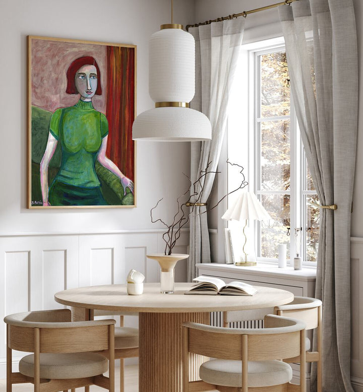 Captivating VINTAGE RED HEAD IN GREEN, PORTRAITS by Sharyn Bursic adds elegance to any space with its modern flair.