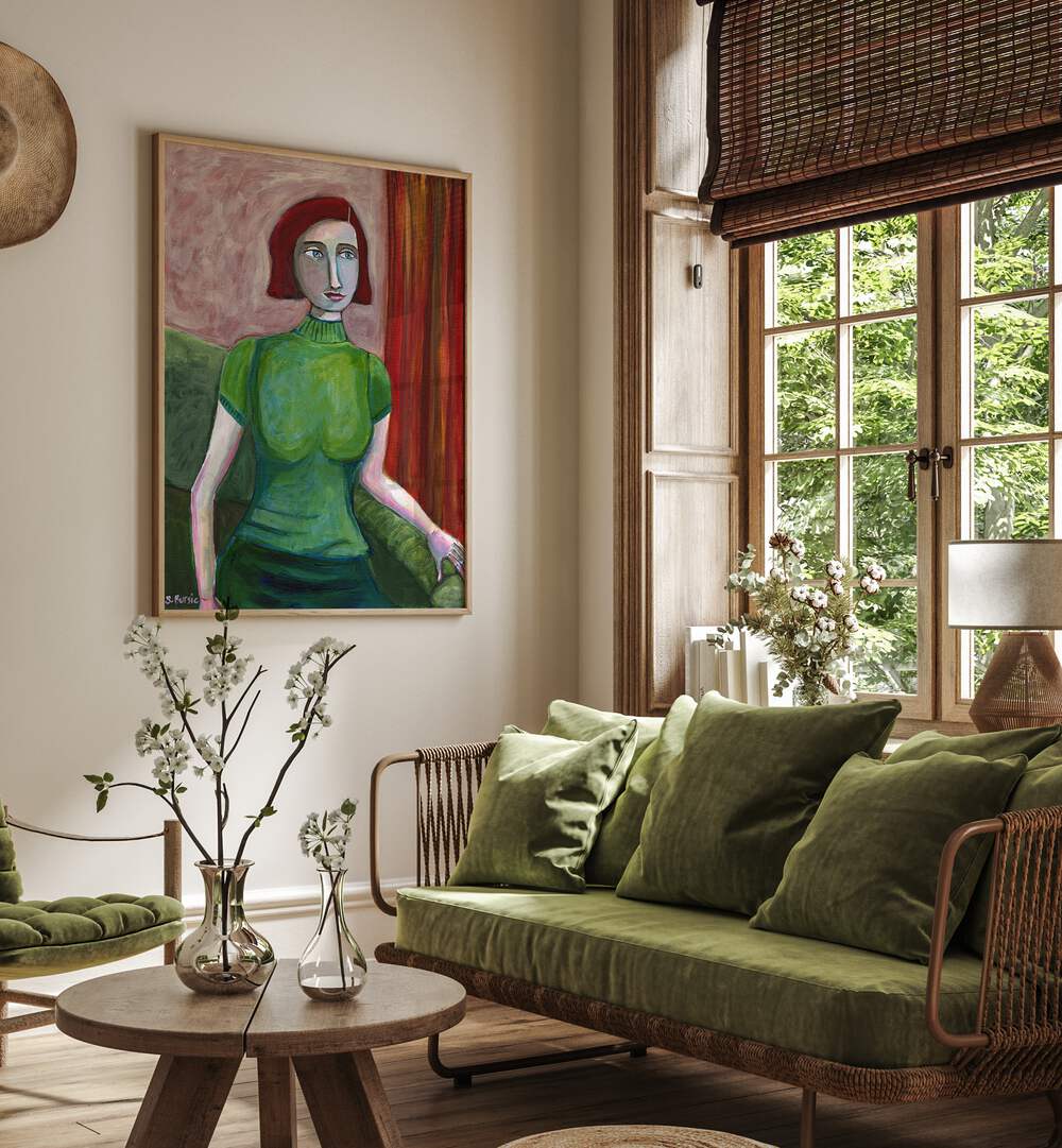 Captivating VINTAGE RED HEAD IN GREEN, PORTRAITS artwork by Sharyn Bursic enhances any modern decor with timeless elegance.