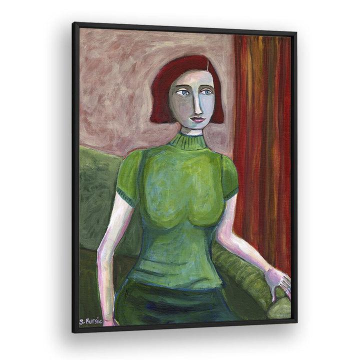 vintage red head in green women illustration paintings in Black Plain Frame