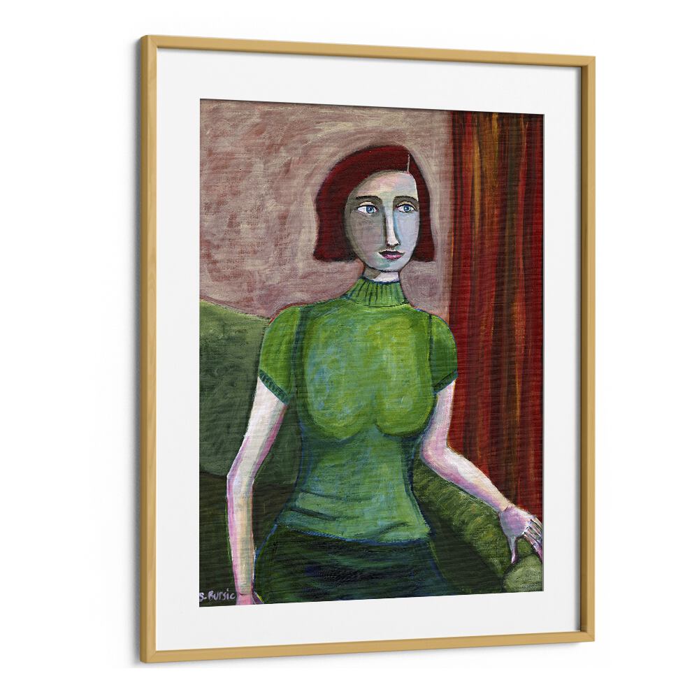 vintage red head in green women illustration paintings in Oak Wood Frame With Mount