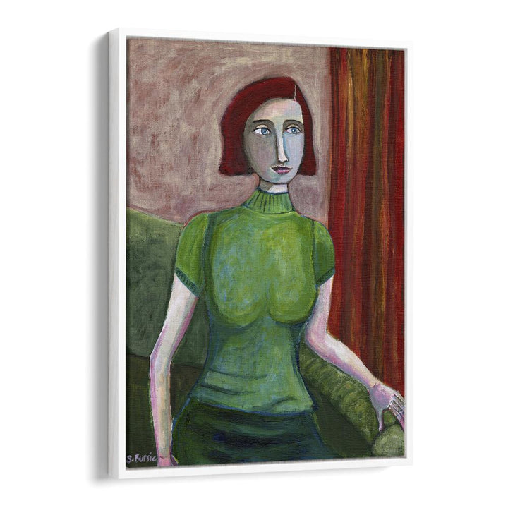 vintage red head in green women illustration paintings in White Floater Frame