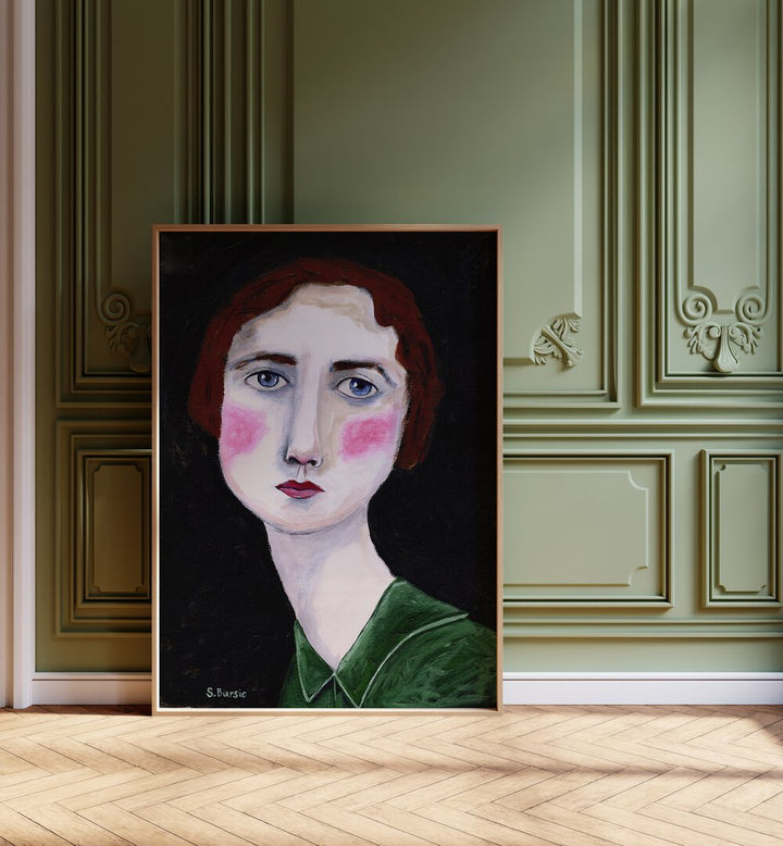 Elegant vintage woman with pink cheeks in a captivating portrait by Sharyn Bursic, perfect for art lovers. VINTAGE WOMAN WITH PINK CHEEKS, PORTRAITS.