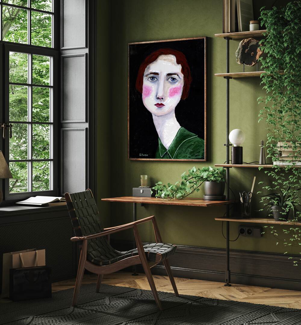 Vintage woman with pink cheeks, portraits illustrating femininity and elegance in Sharyn Bursic's art.