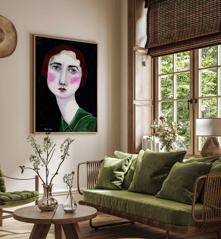 Elegant vintage woman with pink cheeks, portraits by Sharyn Bursic, celebrating femininity in fine art.
