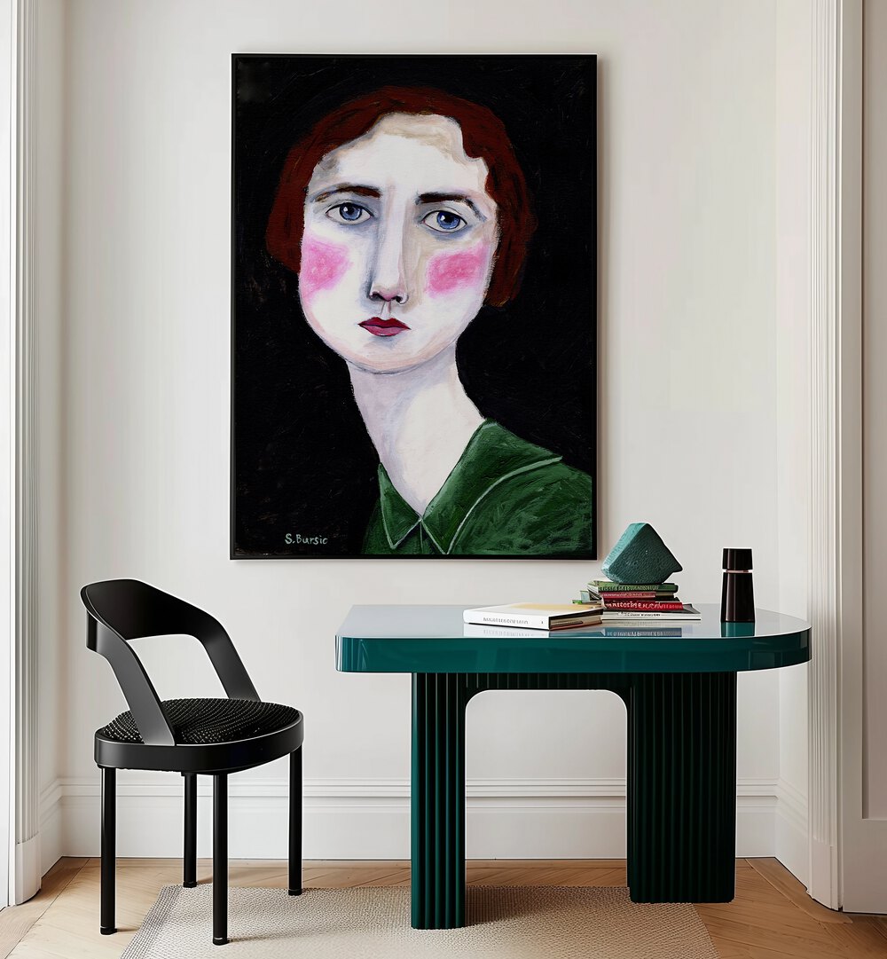 Elegant vintage woman with pink cheeks, a stunning portrait by Sharyn Bursic celebrating femininity in art.