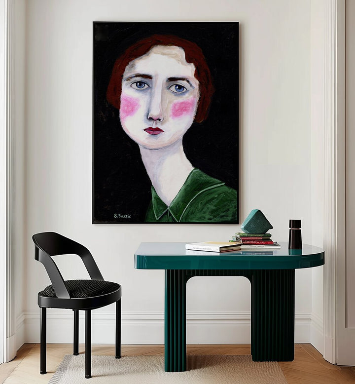 Elegant vintage woman with pink cheeks, a stunning portrait by Sharyn Bursic celebrating femininity in art.