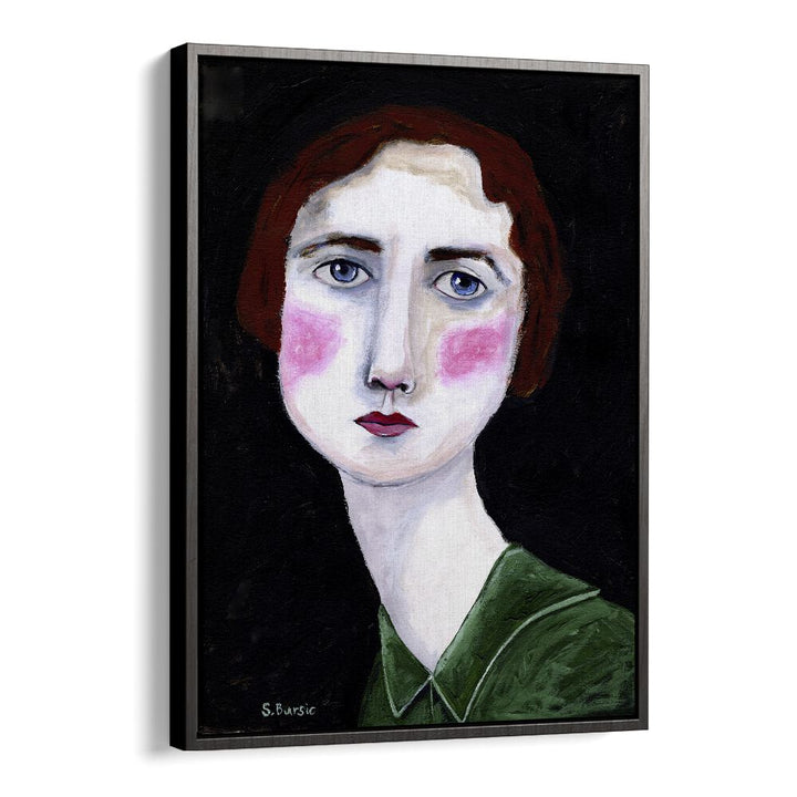 vintage woman with pink cheeks women illustration paintings in Black Floater Frame