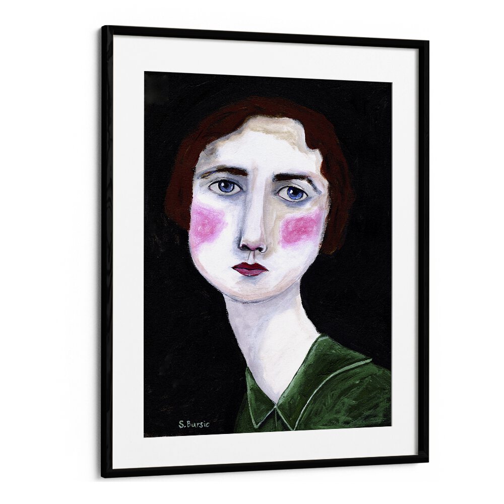 vintage woman with pink cheeks women illustration paintings in Black Frame With Mount