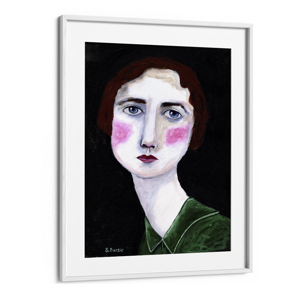 vintage woman with pink cheekswomen illustration paintings in White Frame With Mount