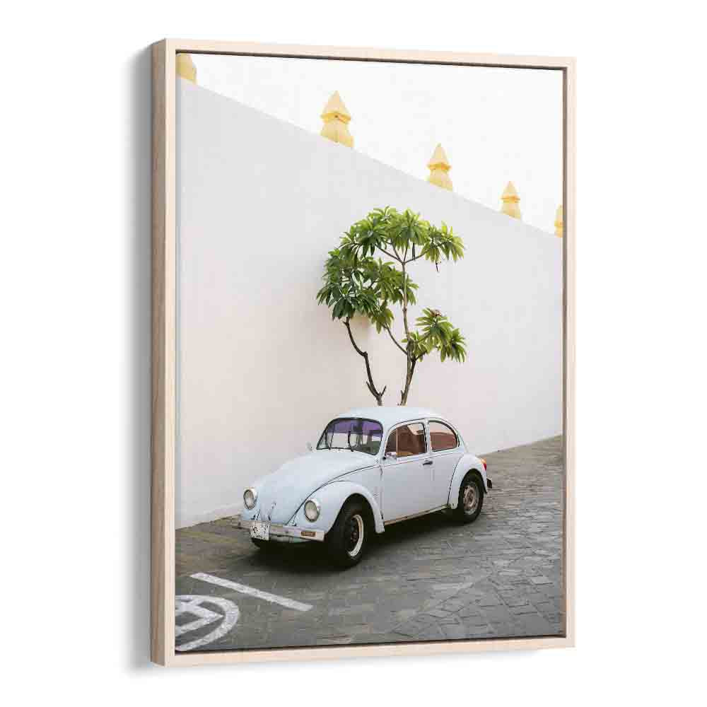 volskwagen beetle-oaxaca mexico car poster in Oak Wood Floater Frame