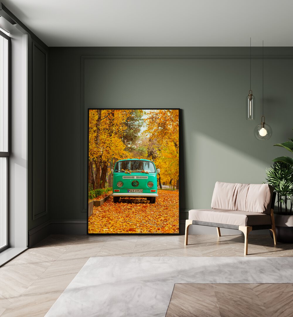 vw camper van in a silent autumn car poster Artwork I placed on a Wall 