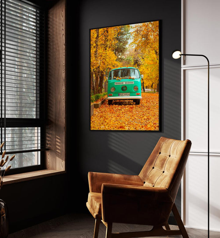 vw camper van in a silent autumn car poster Artwork II placed on a Wall 