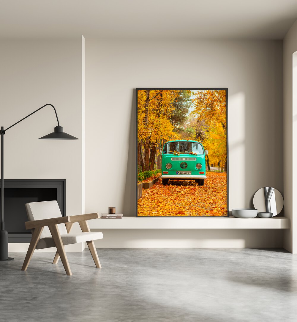 vw camper van in a silent autumn car poster Artwork I placed on a Wall 