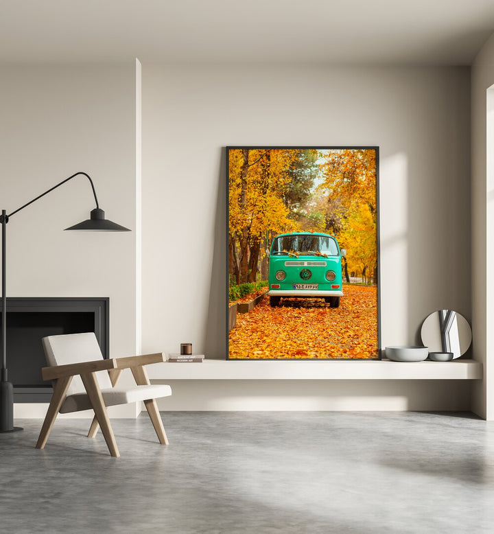 vw camper van in a silent autumn car poster Artwork I placed on a Wall 