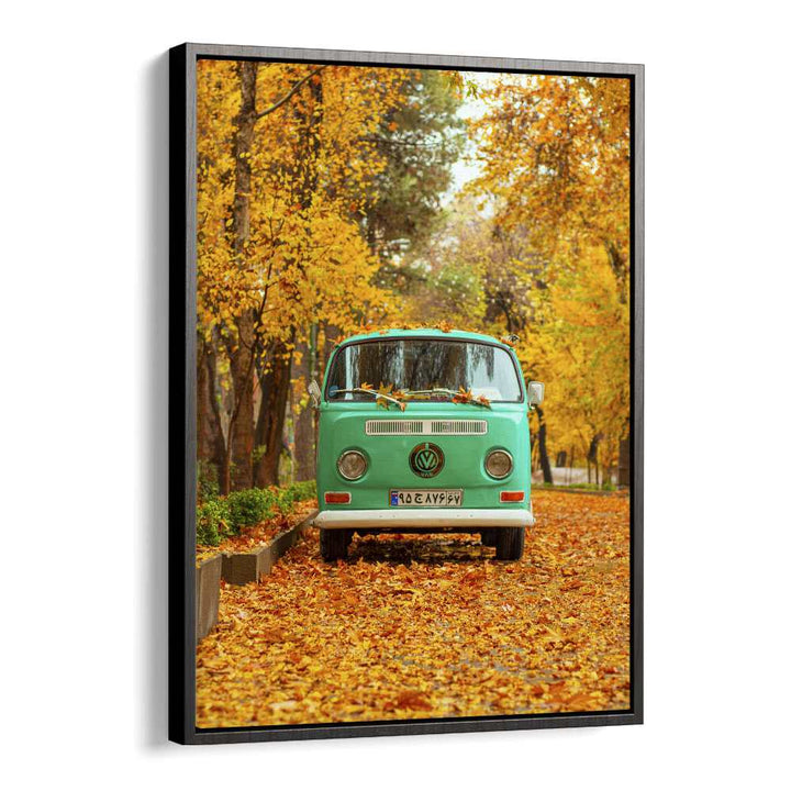 vw camper van in a silent autumn car poster in Black Floater Frame