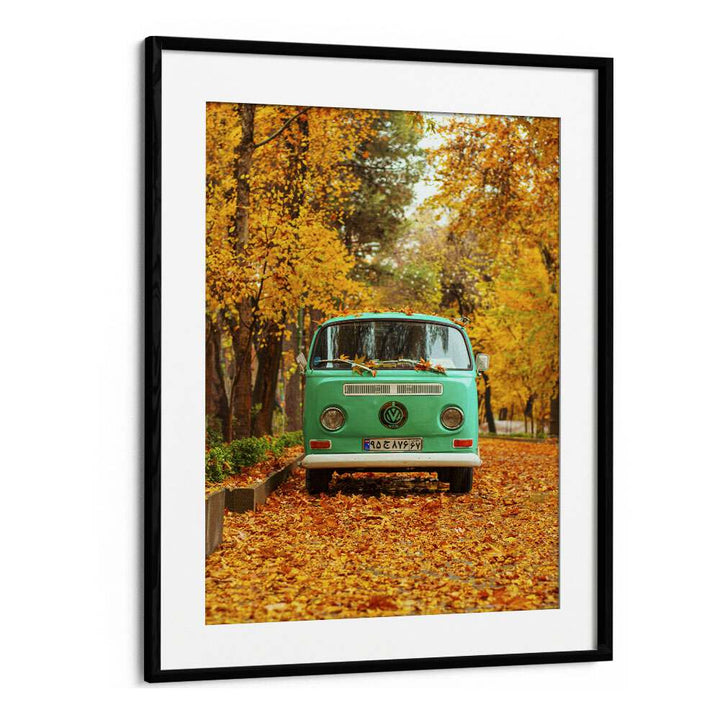vw camper van in a silent autumn car poster in Black Frame With Mount