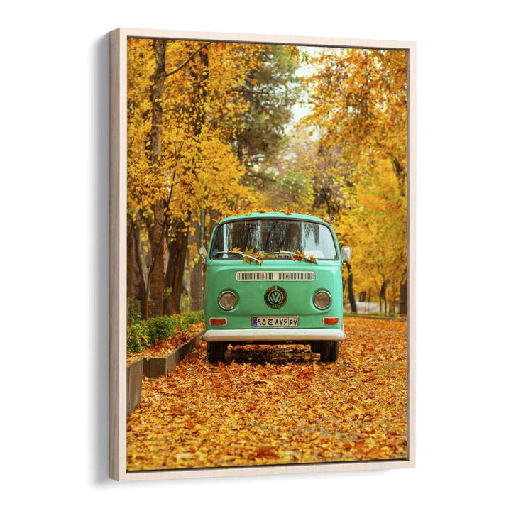 vw camper van in a silent autumn car poster in Oak Wood Floater Frame