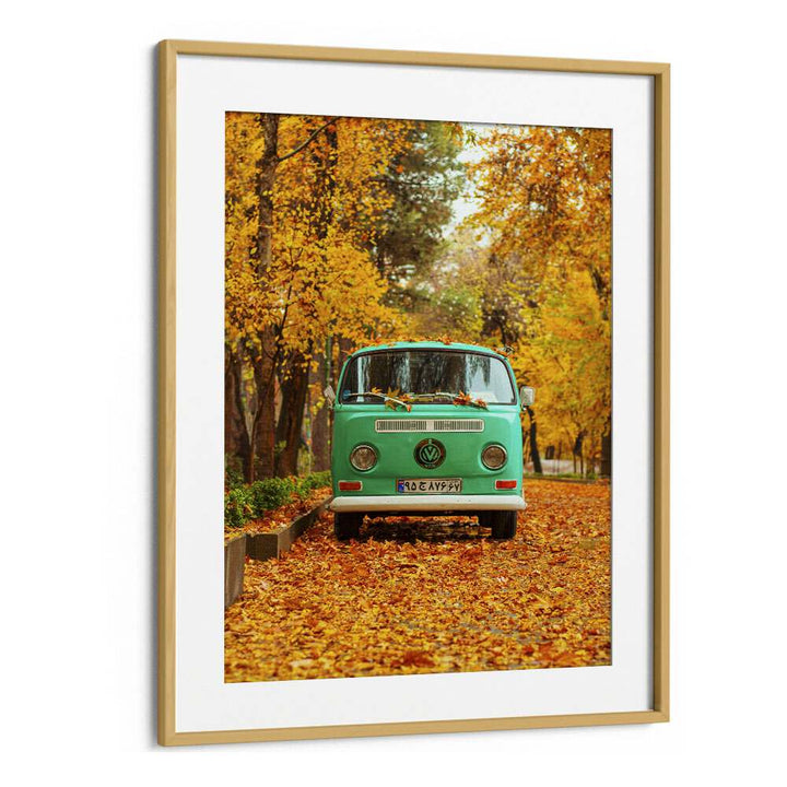 vw camper van in a silent autumn car poster in Oak Wood Frame With Mount