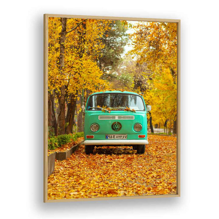 vw camper van in a silent autumn car poster in Oak Wood Plain Frame