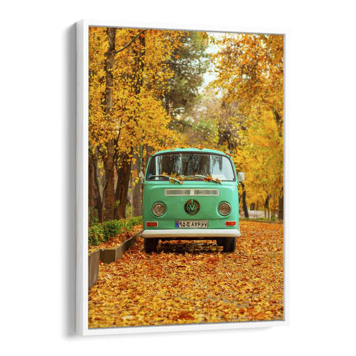 vw camper van in a silent autumn car poster in White Floater Frame