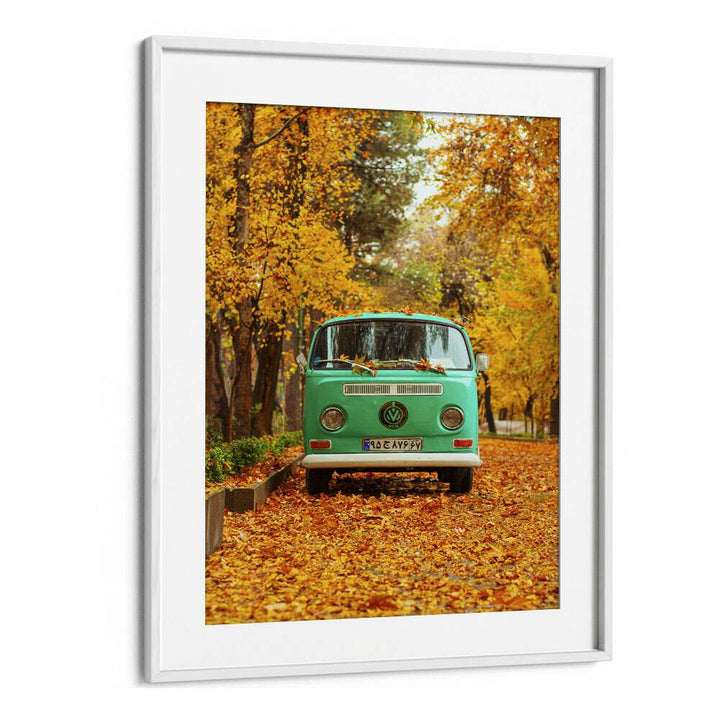 vw camper van in a silent autumn car poster in White Frame With Mount