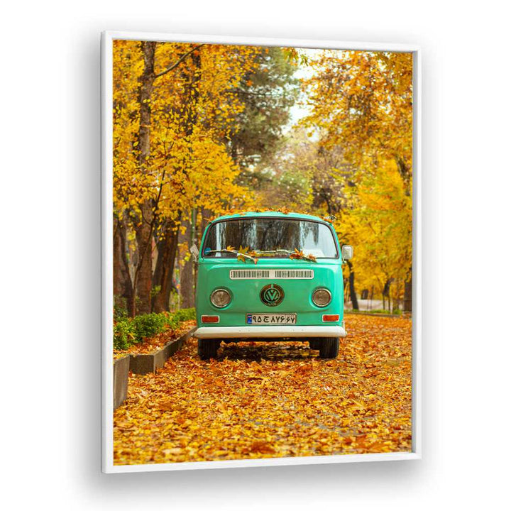 vw camper van in a silent autumn car poster in White Plain Frame