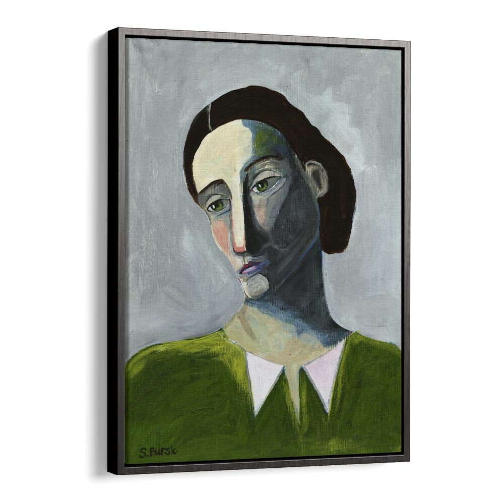 waiting woman women illustration paintings in Black Floater Frame