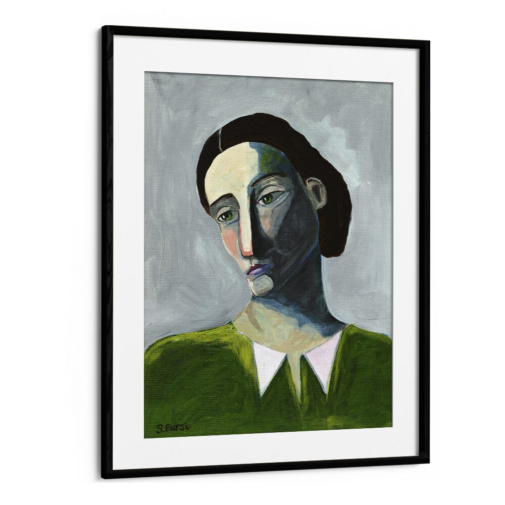 waiting woman women illustration paintings in Black Frame With Mount