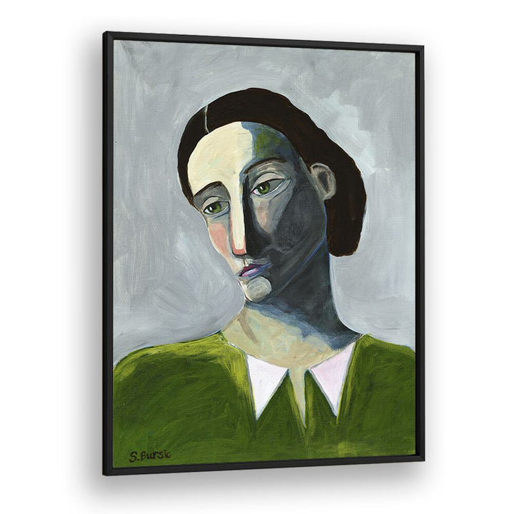 waiting woman women illustration paintings in Black Plain Frame