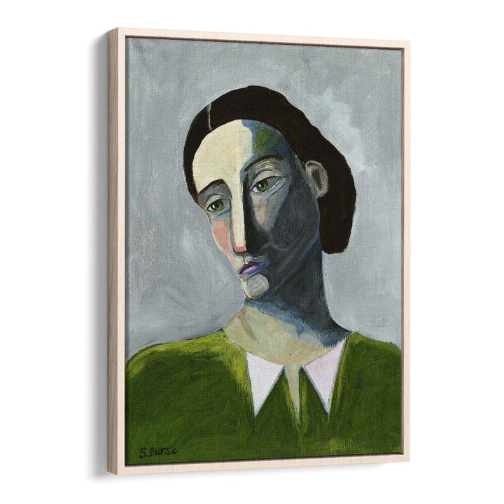 waiting woman women illustration paintings in Oak Wood Floater Frame