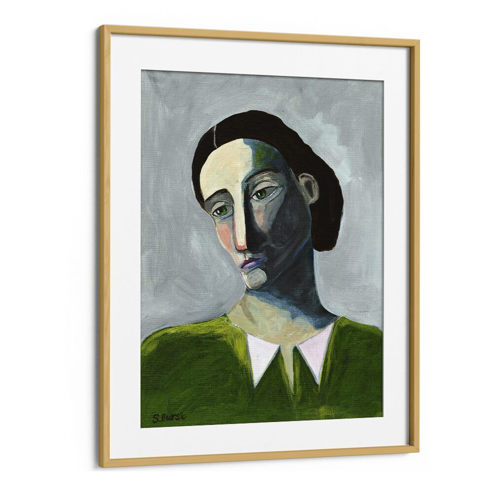 waiting woman women illustration paintings in Oak Wood Frame With Mount