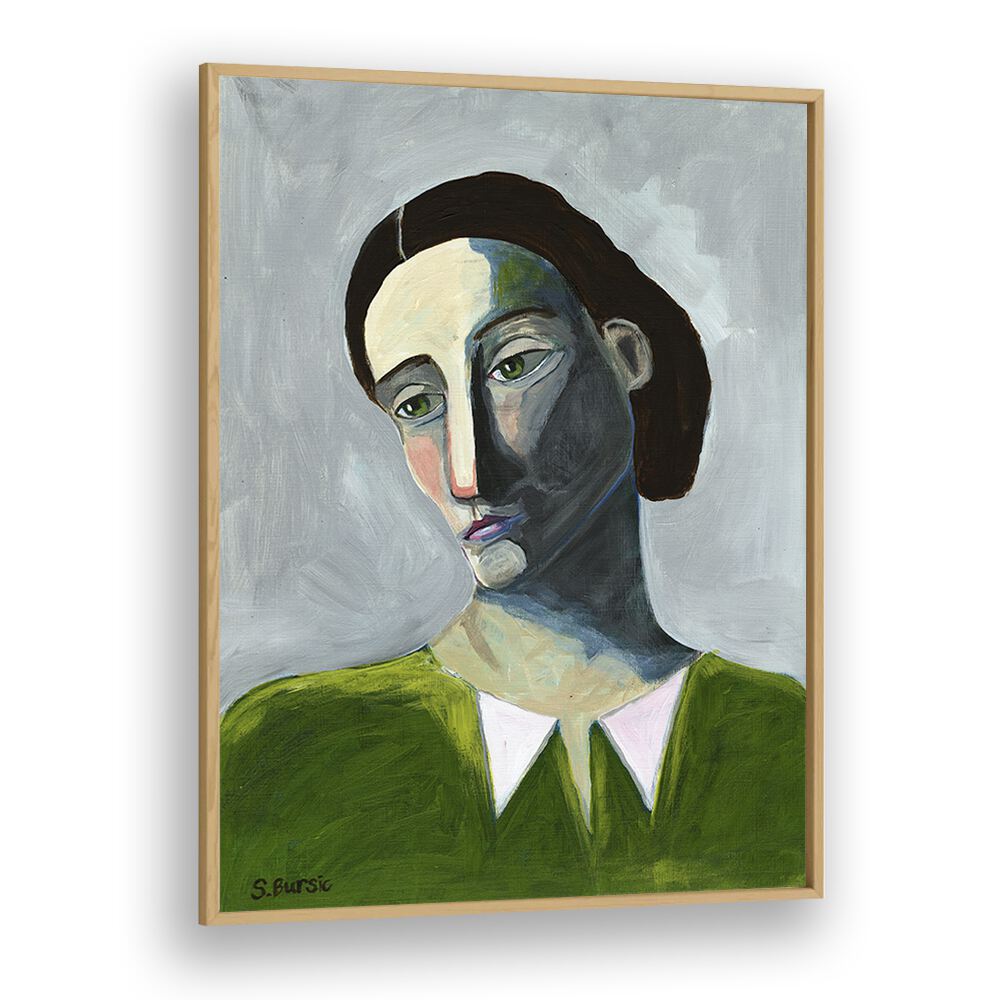 waiting woman women illustration paintings in Oak Wood Plain Frame