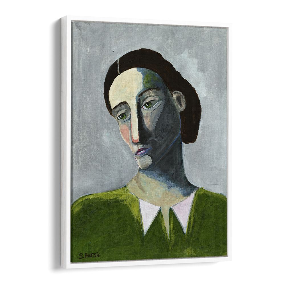 waiting woman women illustration paintings in White Floater Frame