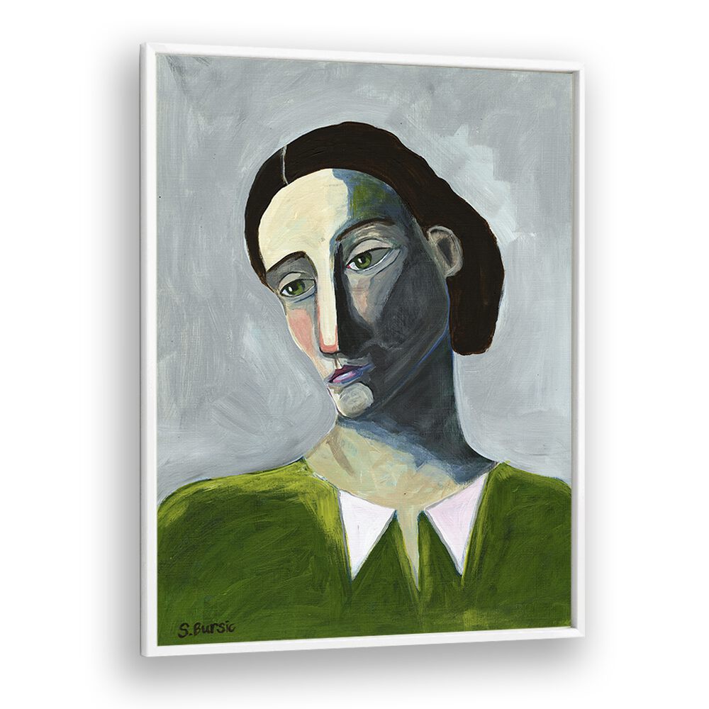 waiting woman women illustration paintings in White Plain Frame