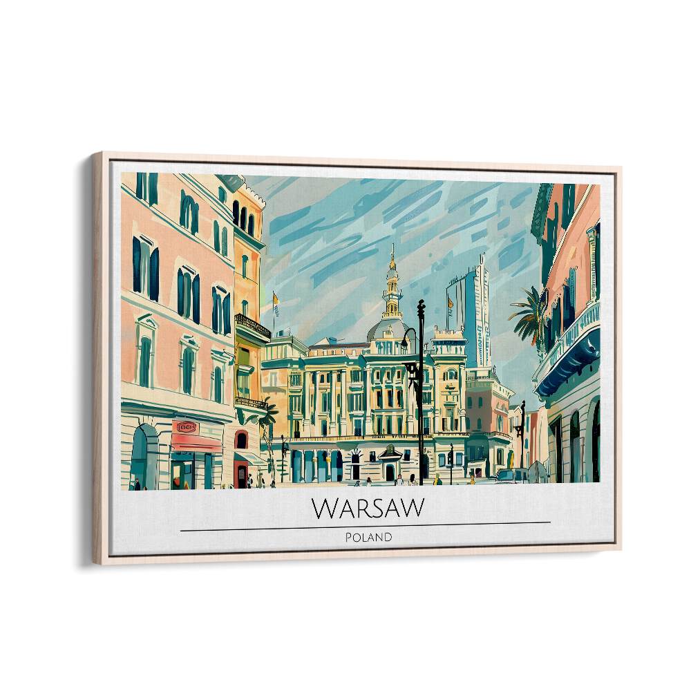 warsaw city-poland travel posters in Oak Wood Floater Frame