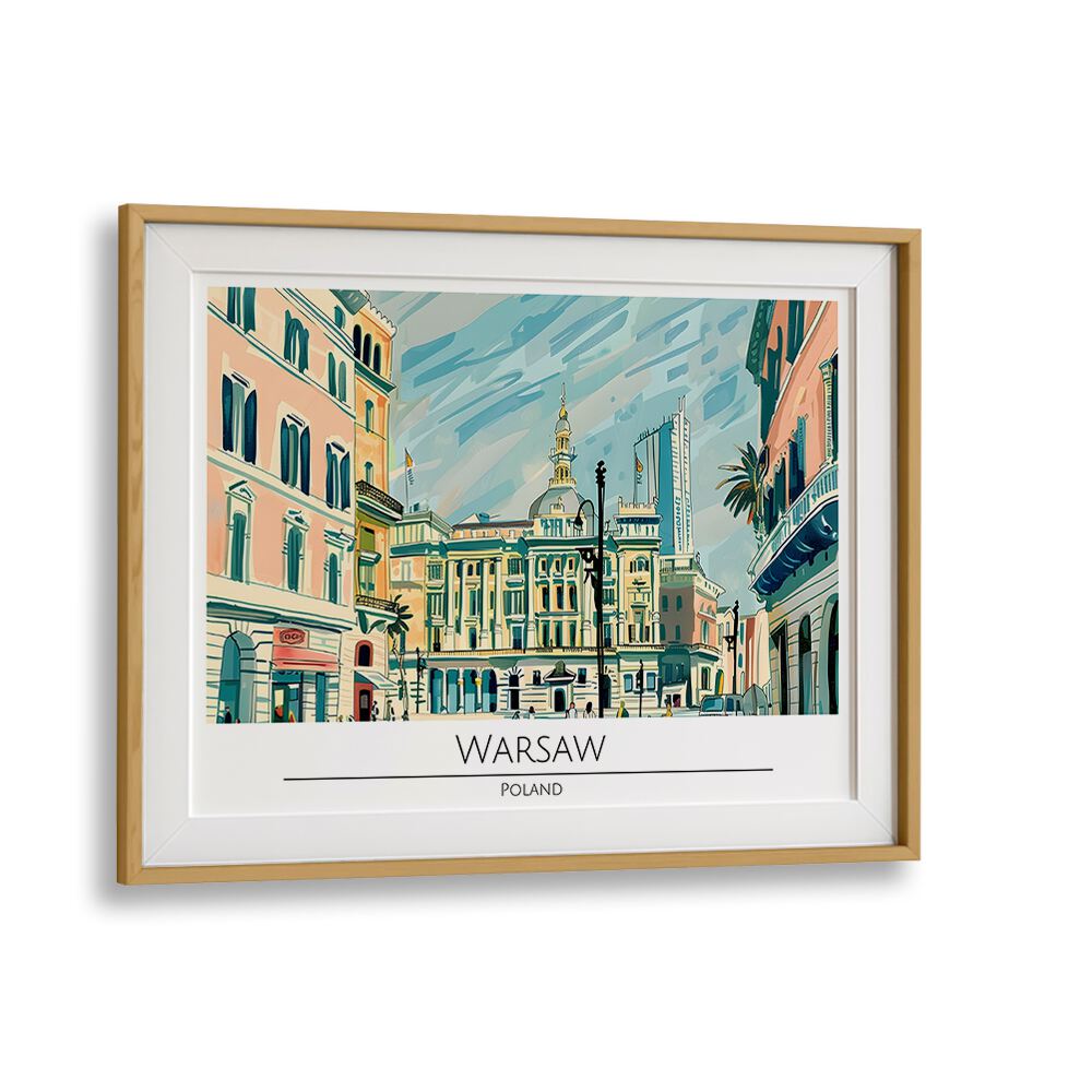 warsaw city-poland travel posters in Oak Wood Frame With Mount