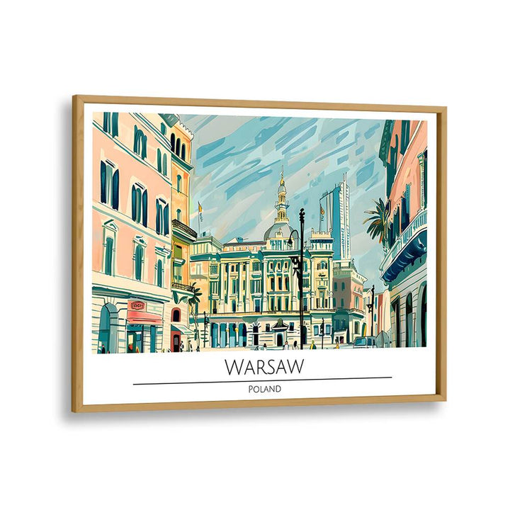 warsaw city-poland travel posters in Oak Wood Plain Frame