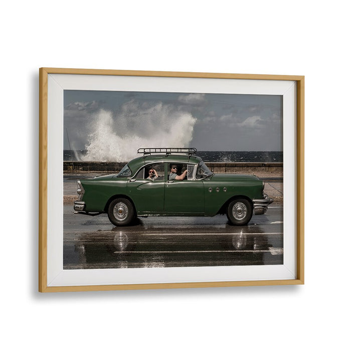 waving malecon car poster in Oak Wood Frame With Mount 