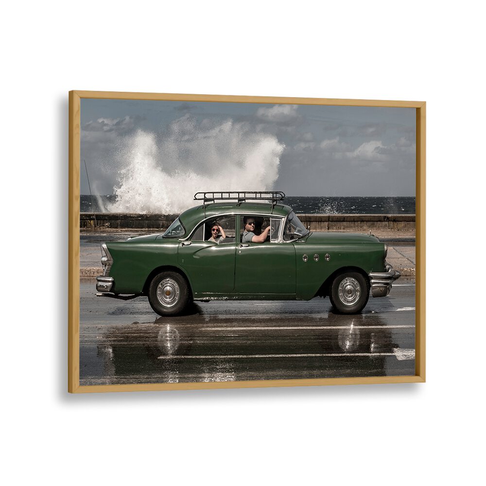 waving malecon car poster in Oak Wood Plain Frame