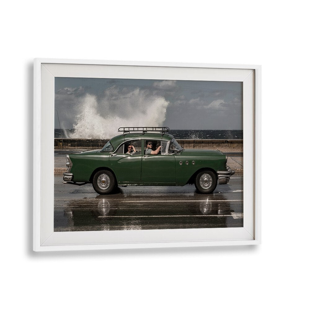 waving malecon car poster in White Frame With Mount