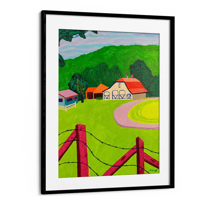 white barn landscape art prints in Black Frame With Mount