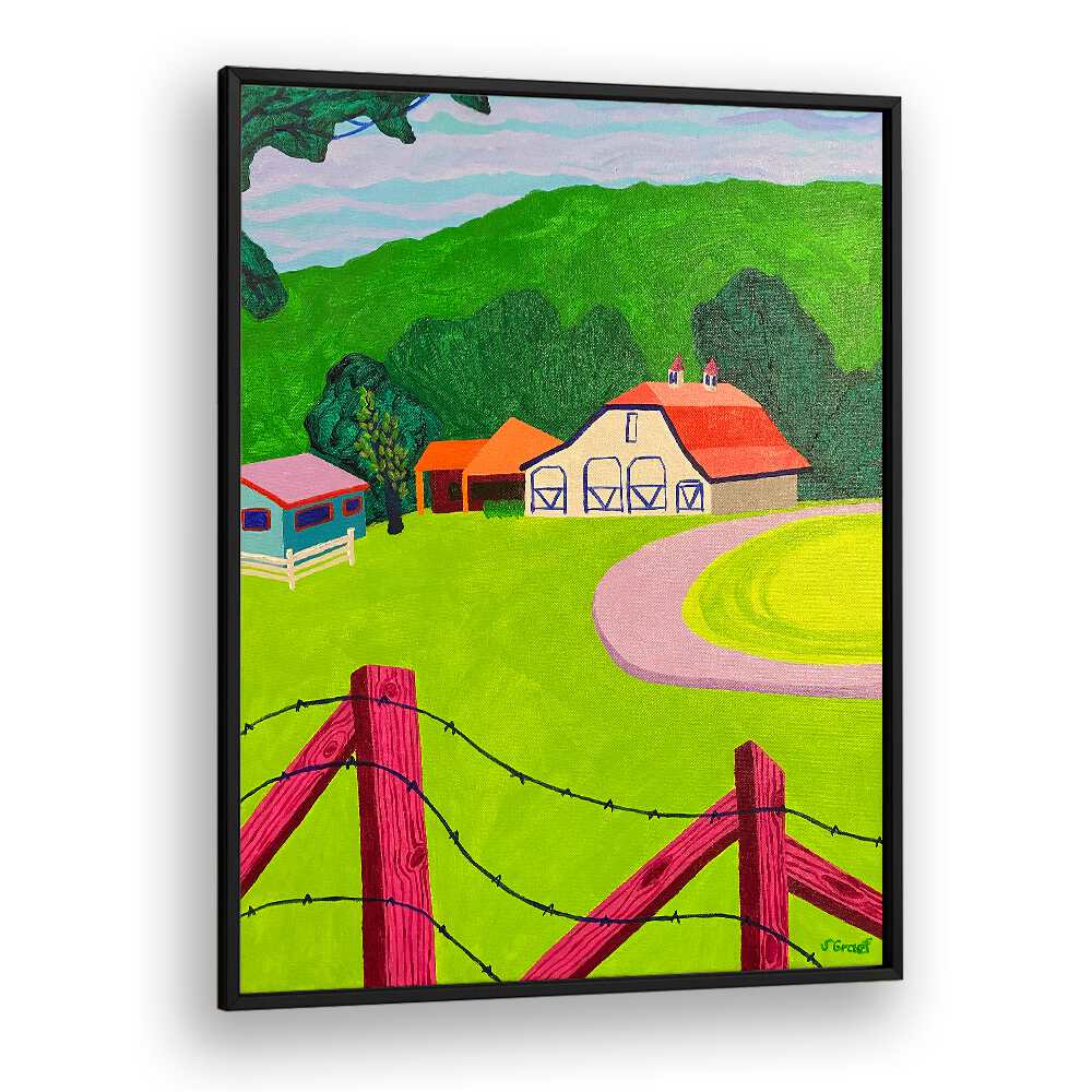 white barn landscape art prints in Black Plain Frame