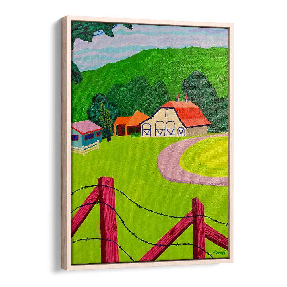 white barn landscape art prints in Oak Wood Floater Frame