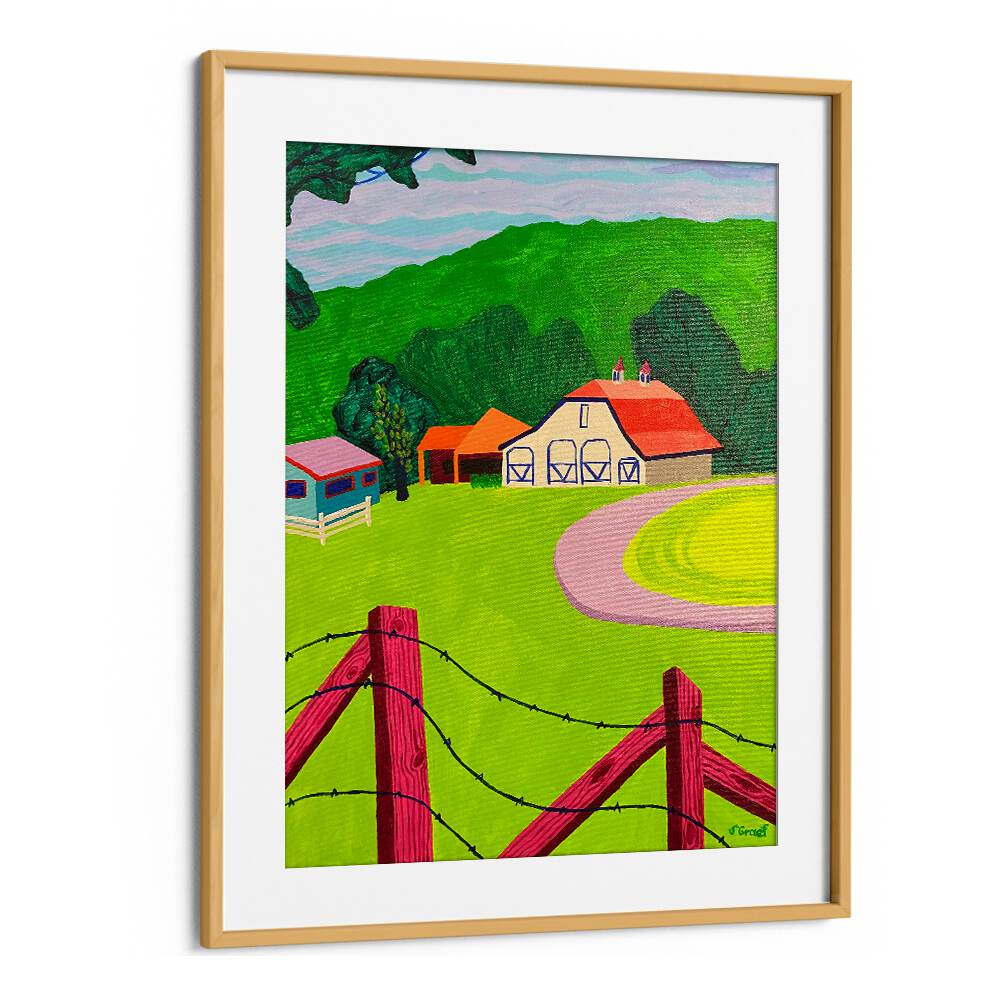 white barn landscape art prints in Oak Wood Frame With Mount