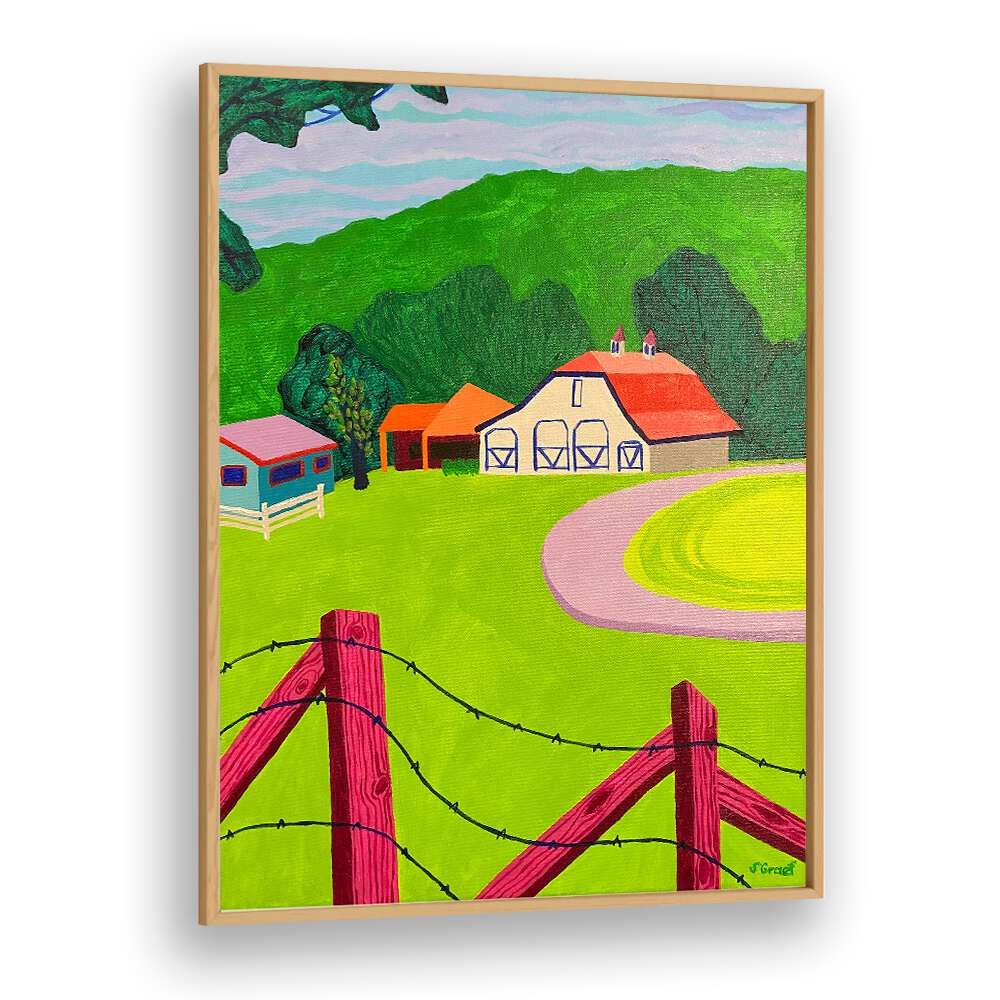 white barn landscape art prints in Oak Wood Plain Frame