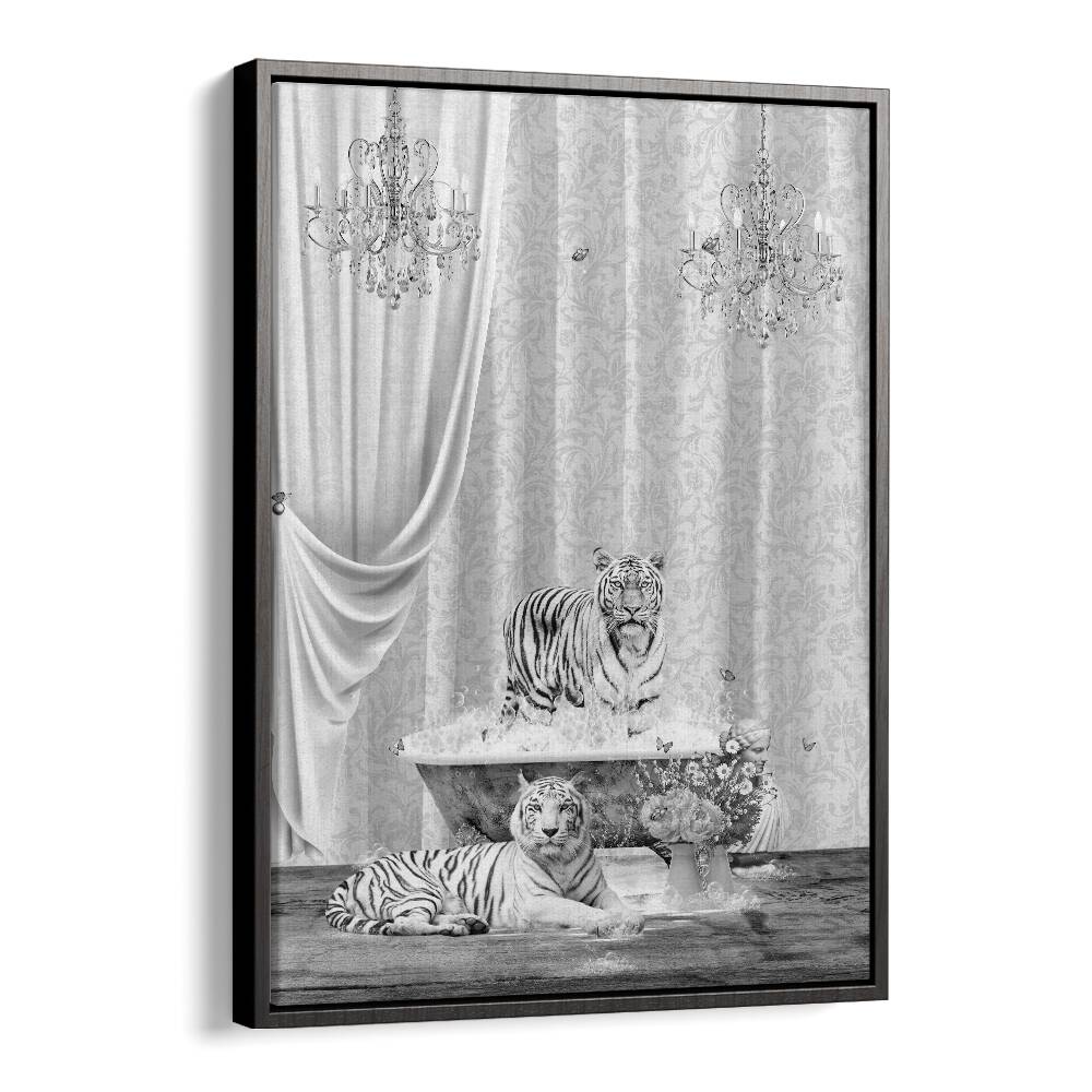 white tigers a bubbles black a white by sue skellern wall art prints in Black Floater Frame