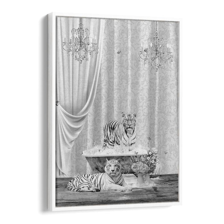 white tigers a bubbles black a white by sue skellern wall art prints in White Floater Frame